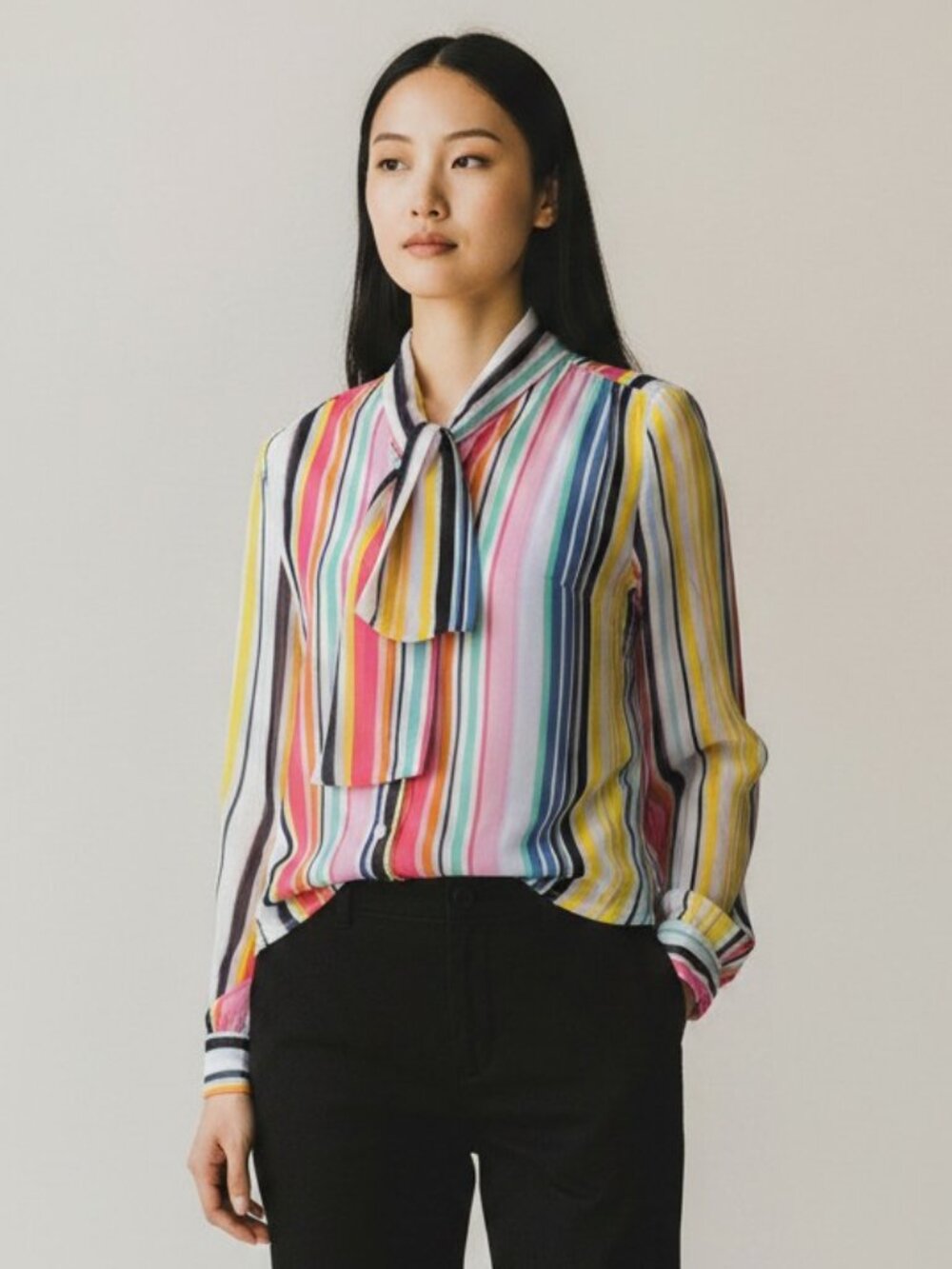NY&Co. Colorful Bow Stripped Button Down Blouse